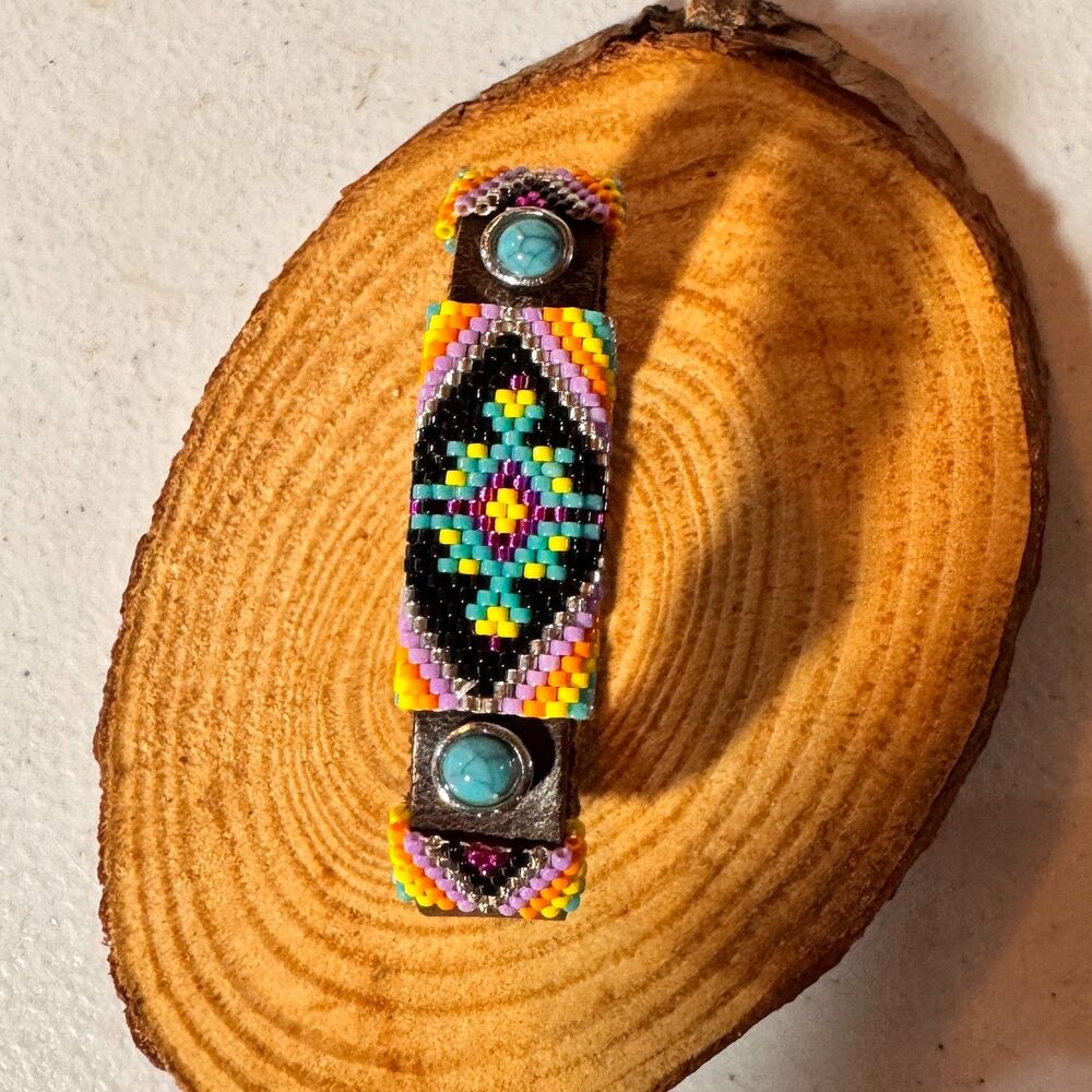 Beaded Leather Wristband Bright Colorful Southwest Bracelet Cuff